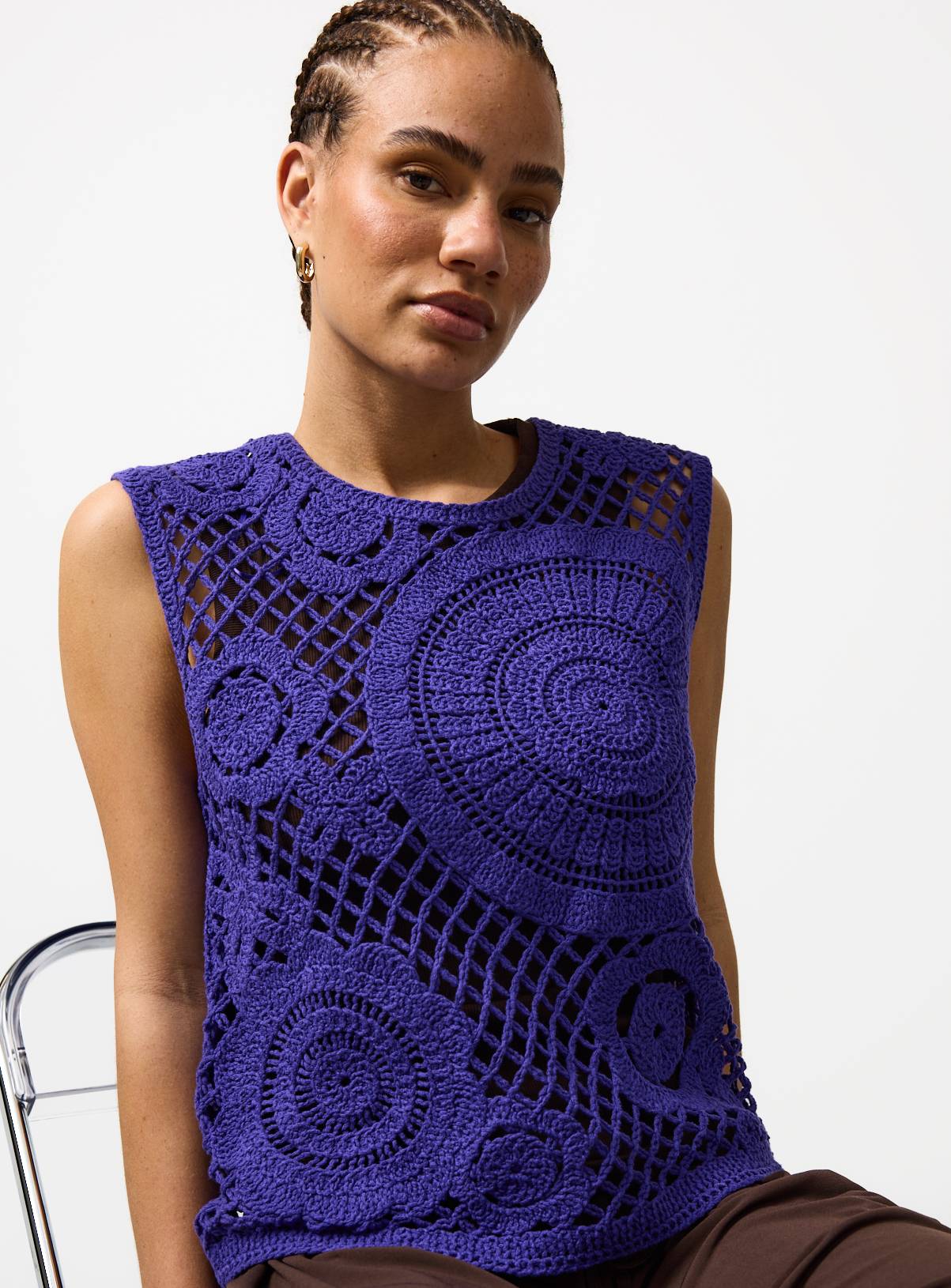 Bright Blue Crochet Circle Detail Vest Top XS - Image 1
